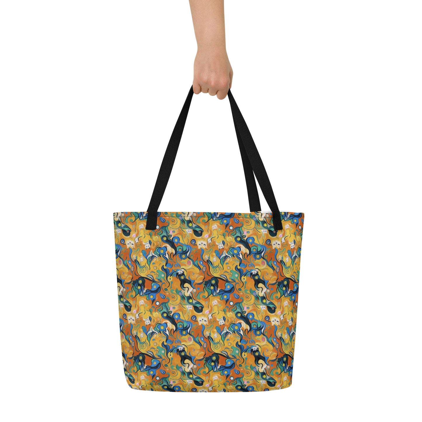 Large Tote Bag w/ Pocket - Whimsical Feline Dance