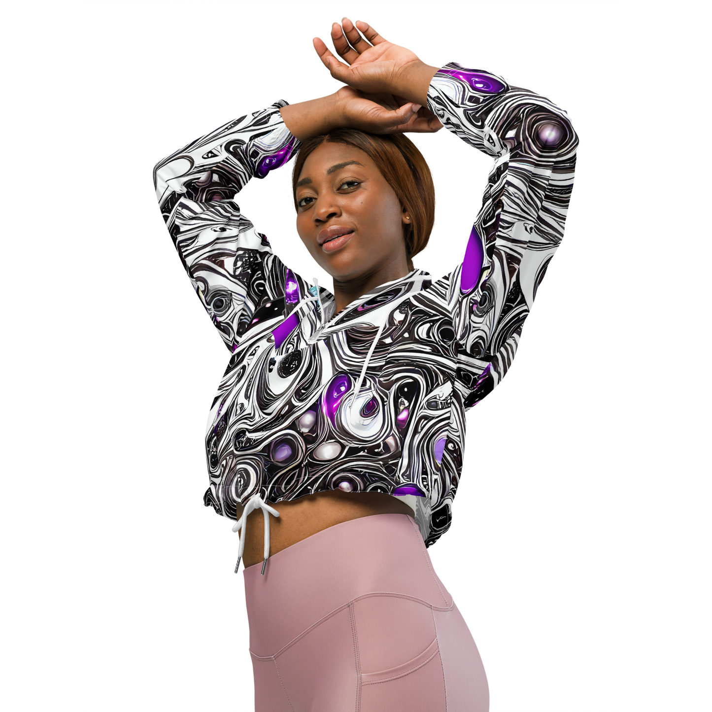 Women's Cropped Windbreaker - Neo-Noir Waves