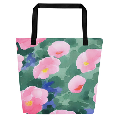 Large Tote Bag w/ Pocket - Pink Blossom Serenade