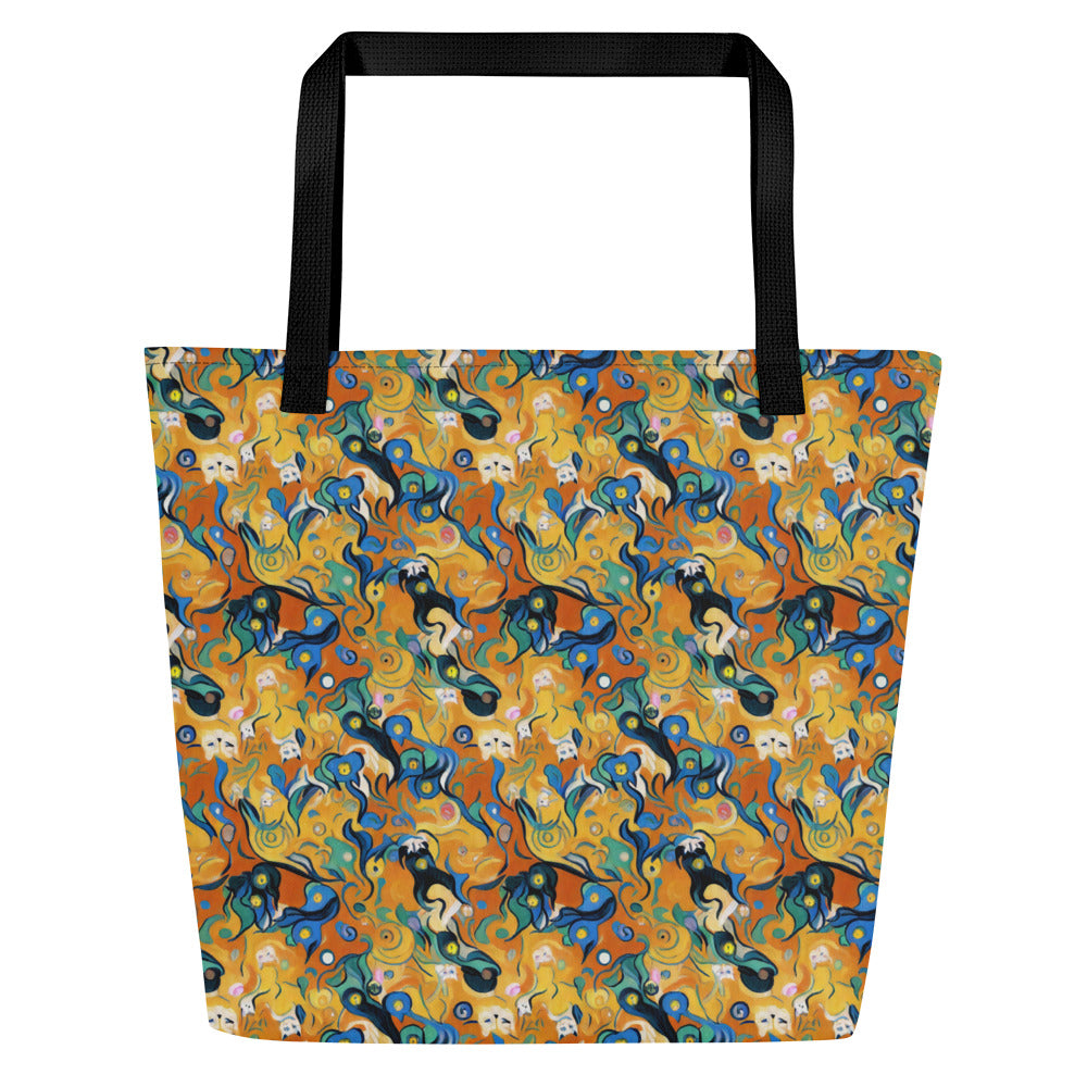 Large Tote Bag w/ Pocket - Whimsical Feline Dance