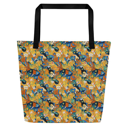 Large Tote Bag w/ Pocket - Whimsical Feline Dance