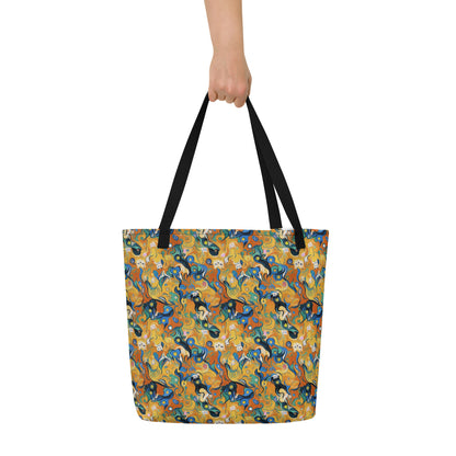 Large Tote Bag w/ Pocket - Whimsical Feline Dance