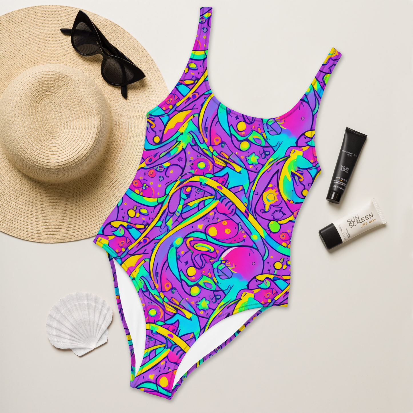 One-Piece Swimsuit - Neon Galaxy Whirl