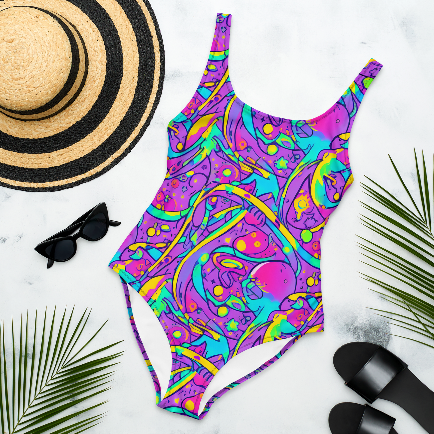 One-Piece Swimsuit - Neon Galaxy Whirl