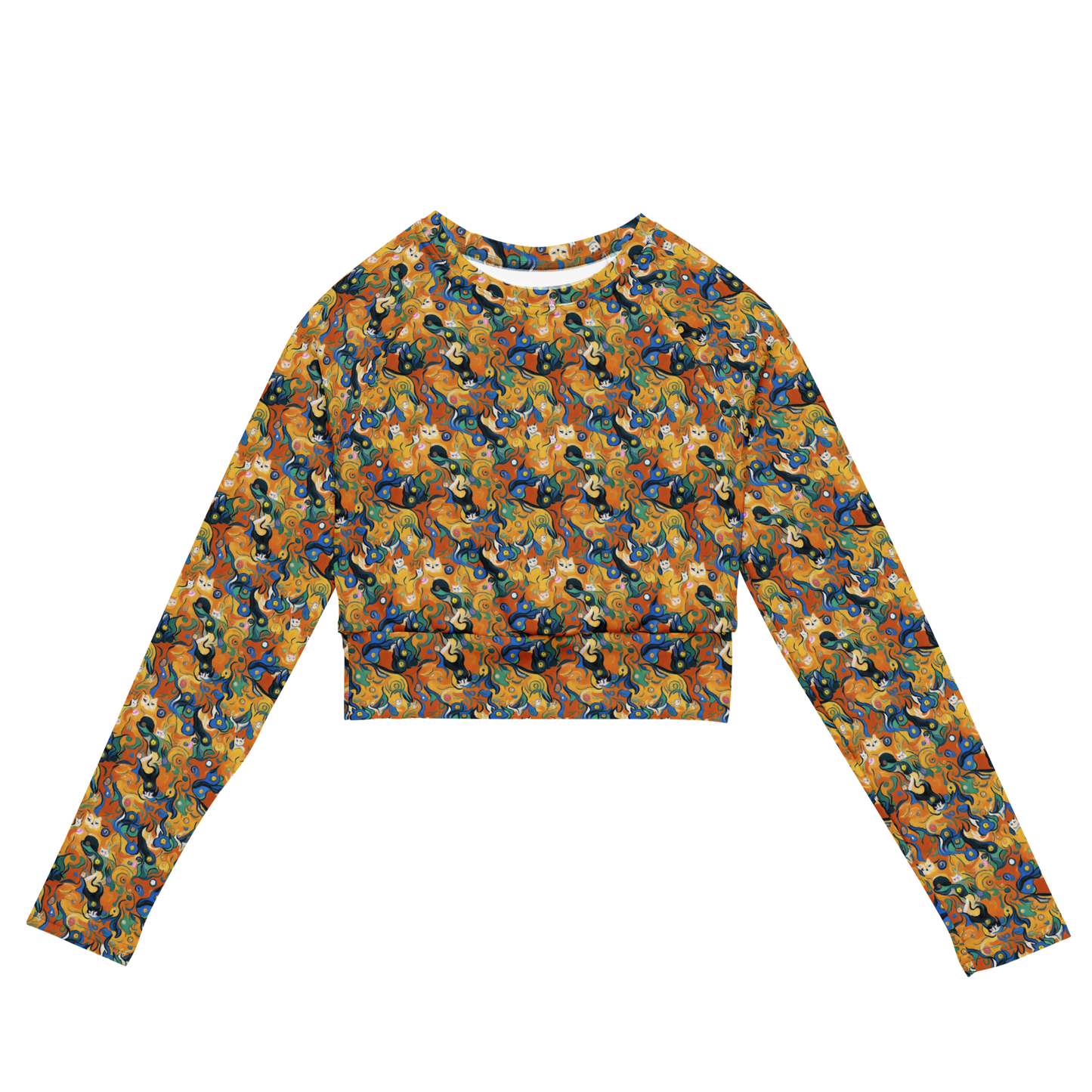 Long Sleeve Crop Top - Whimsical Feline Dance