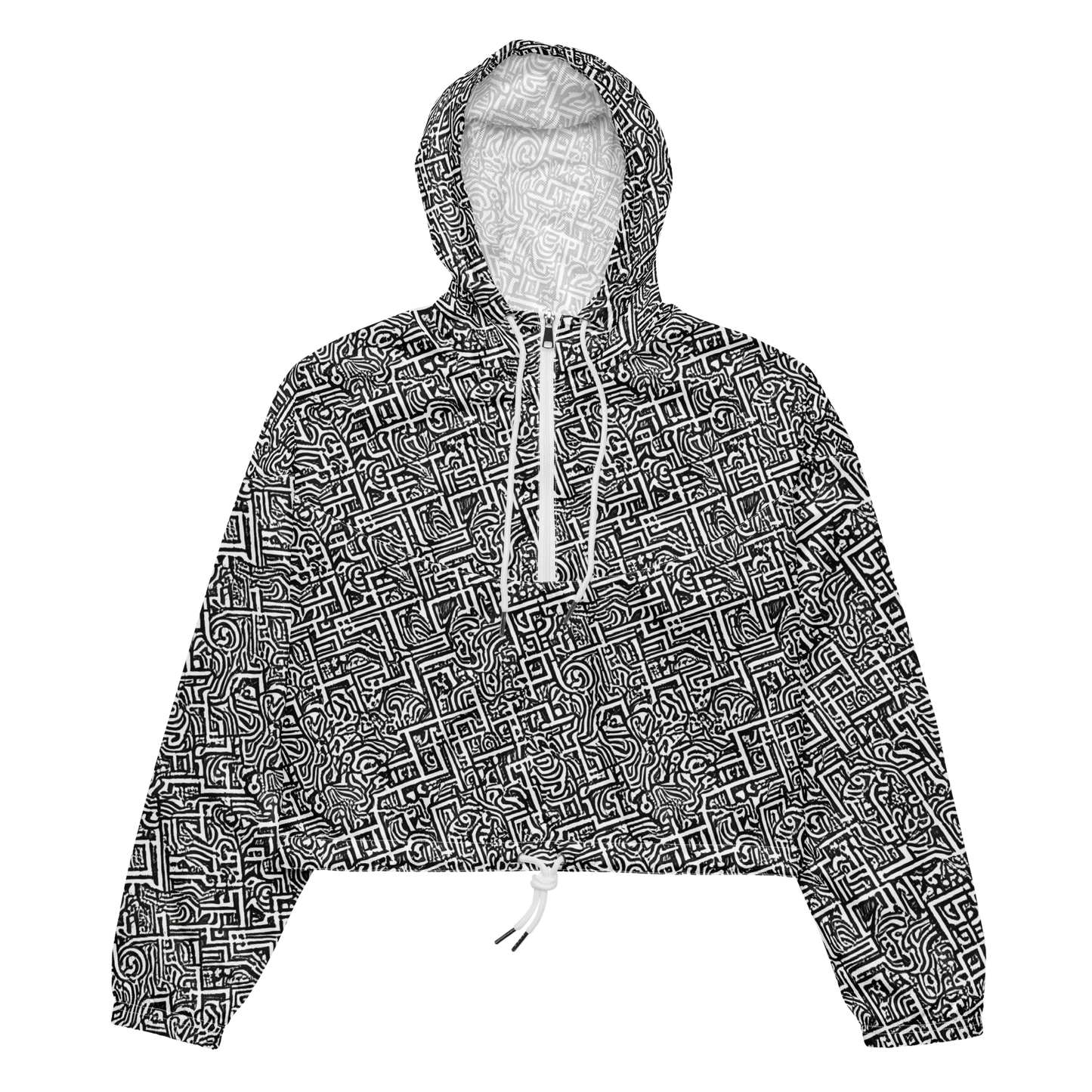 Women's Cropped Windbreaker - Monochrome Doodles