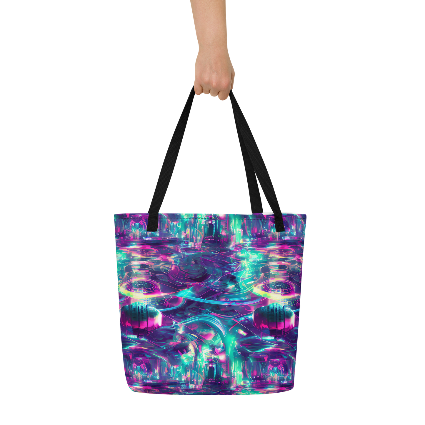 Large Tote Bag w/ Pocket - Synthwave Surge