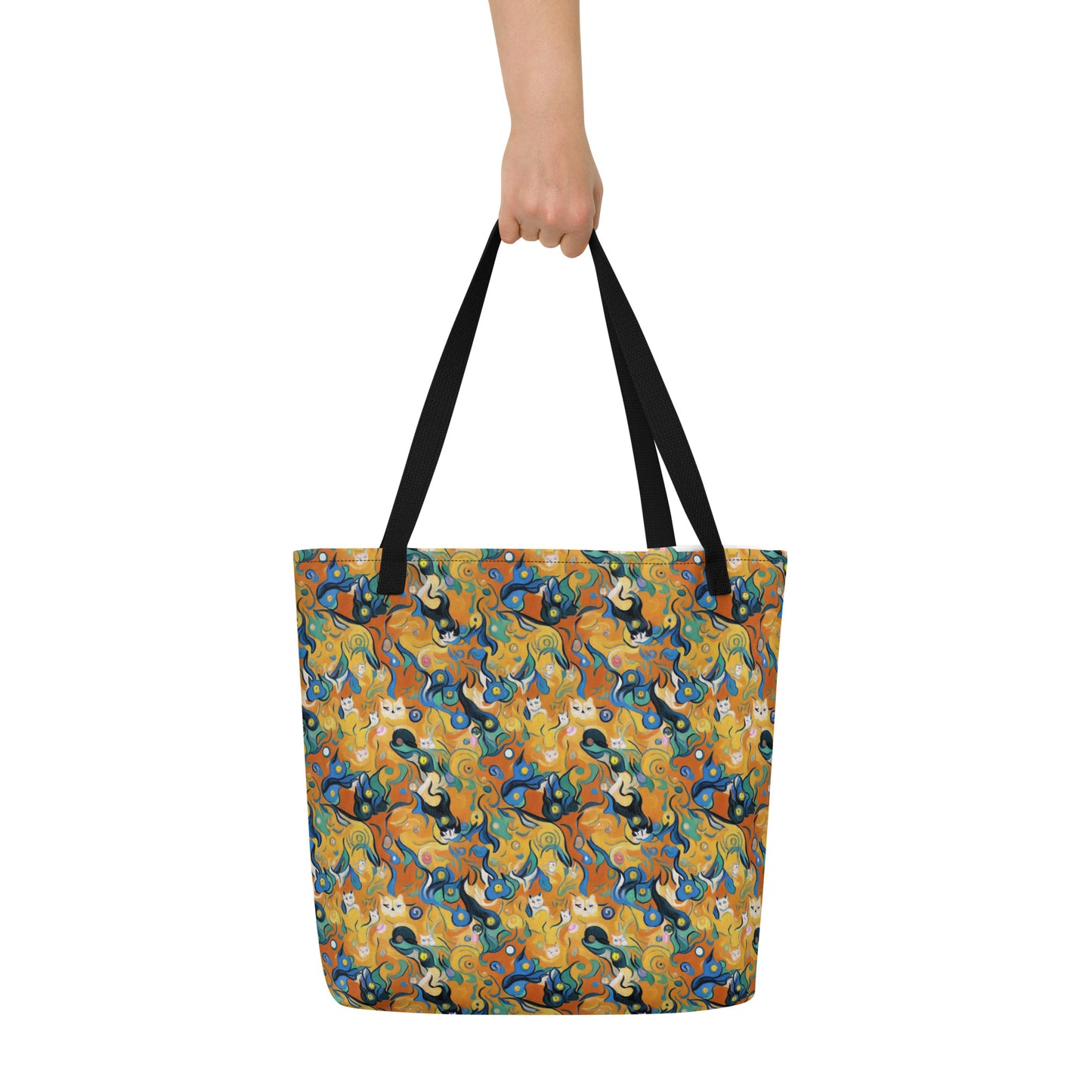 Large Tote Bag w/ Pocket - Whimsical Feline Dance