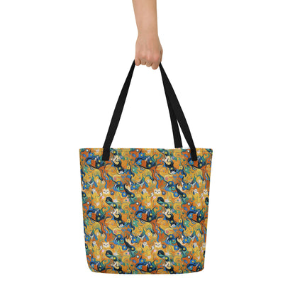 Large Tote Bag w/ Pocket - Whimsical Feline Dance