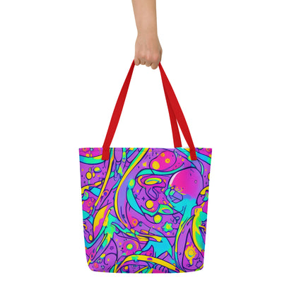 Large Tote Bag w/ Pocket - Neon Galaxy Whirl