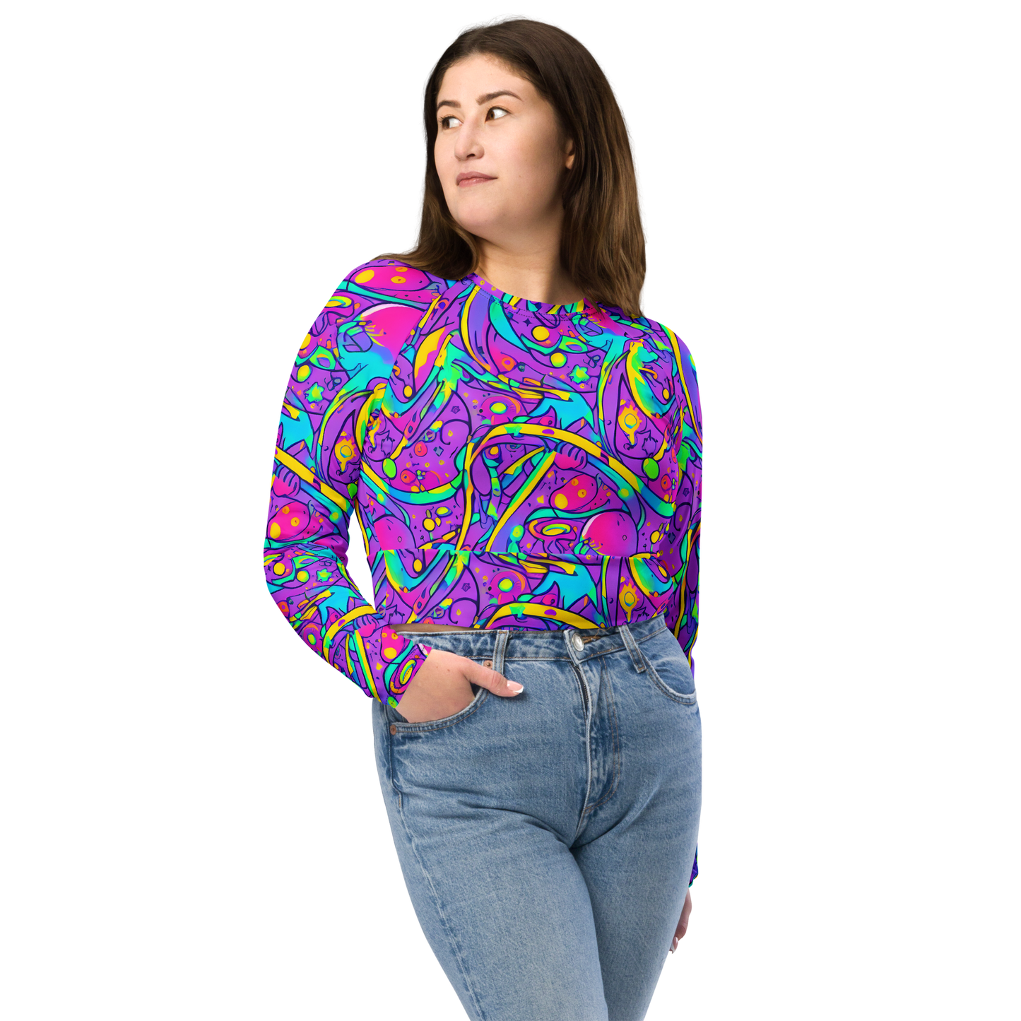 Long Sleeve Crop Top - Neon Galaxy Whirl