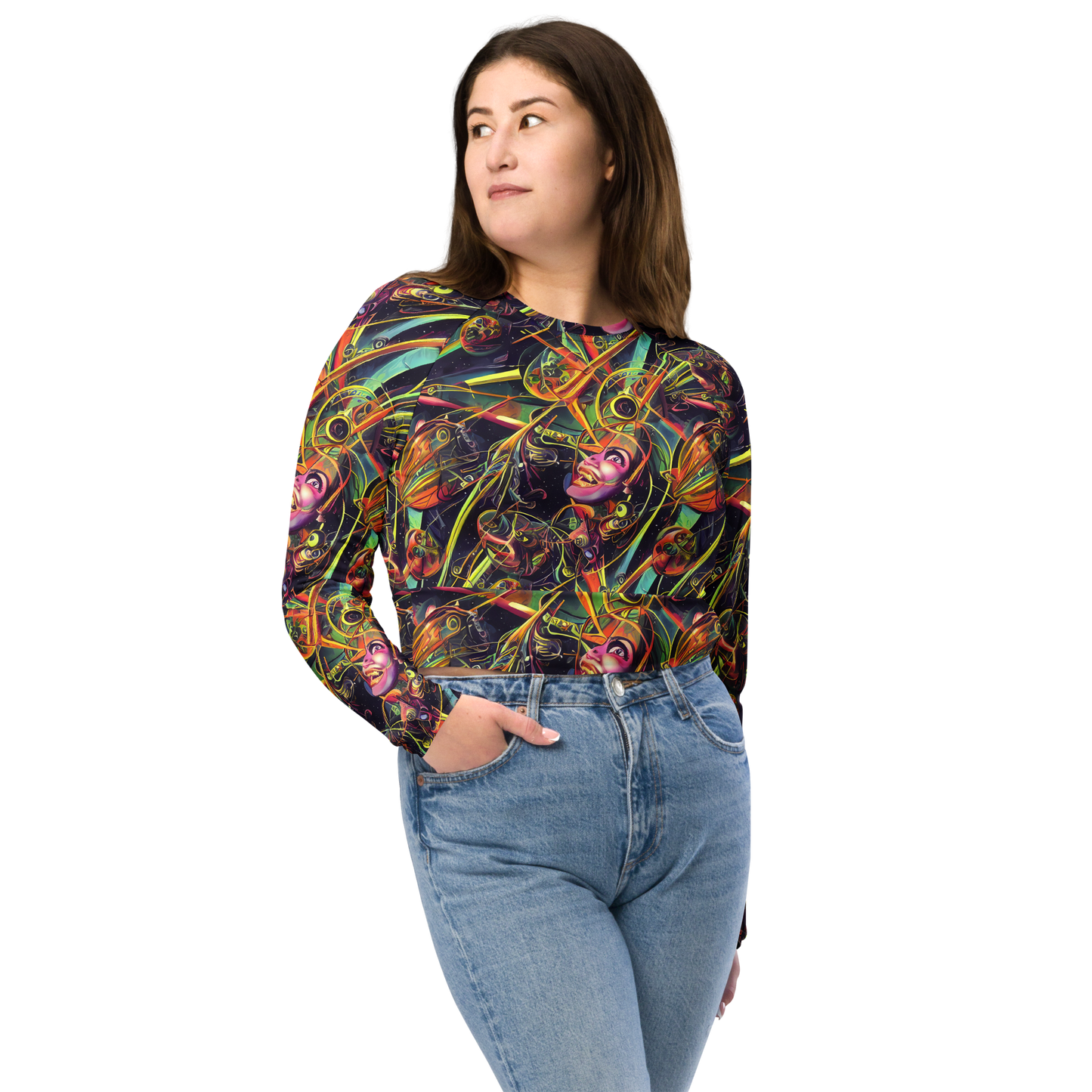 Long Sleeve Crop Top - Psychedelic Deep Space