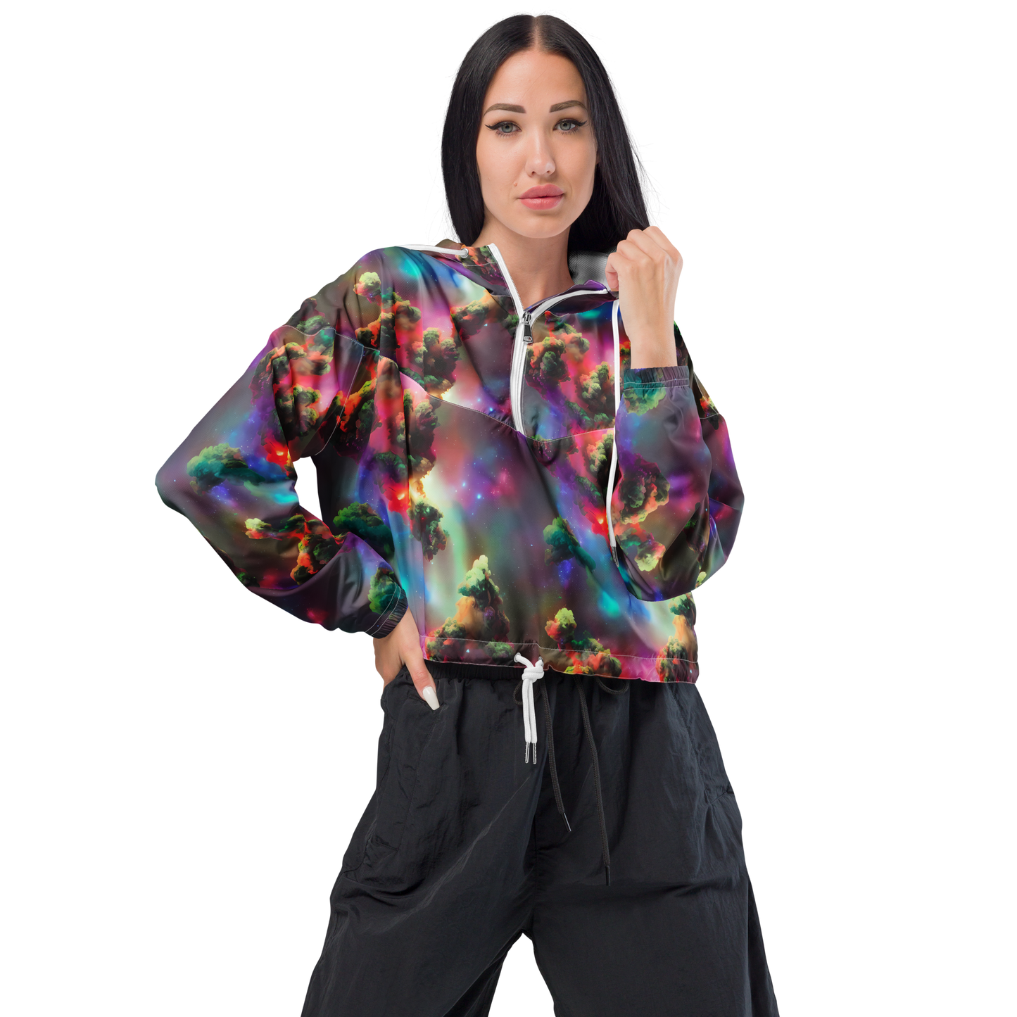 Women's Cropped Windbreaker - Nebula Dreams