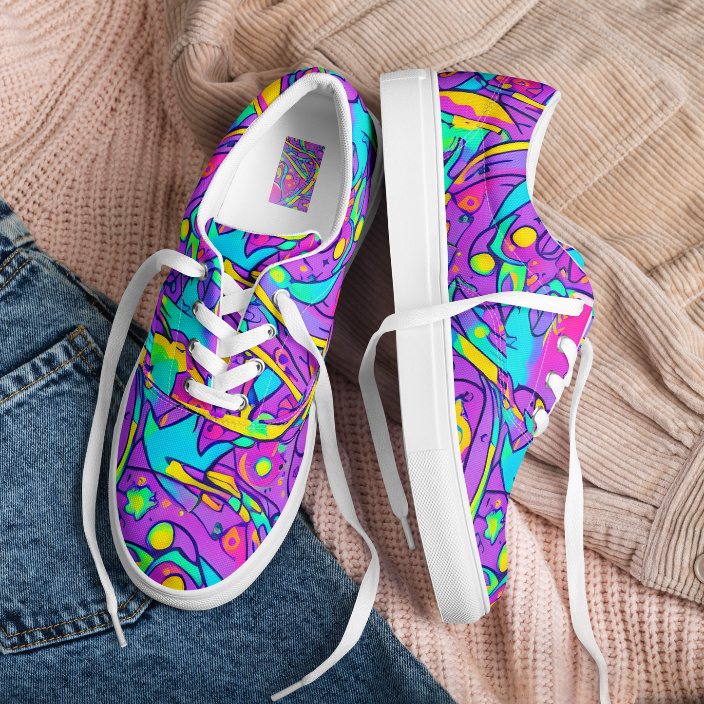 Women's Lace-Up Canvas Shoes - Neon Galaxy Whirl