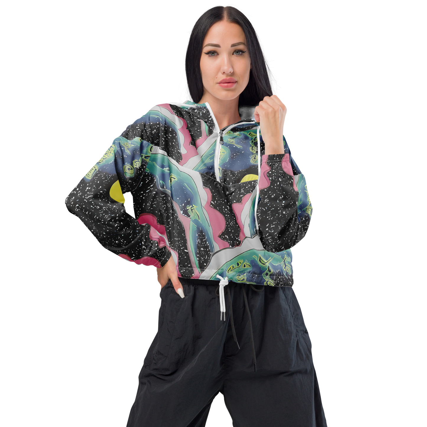 Women's Cropped Windbreaker - Lunar Waves