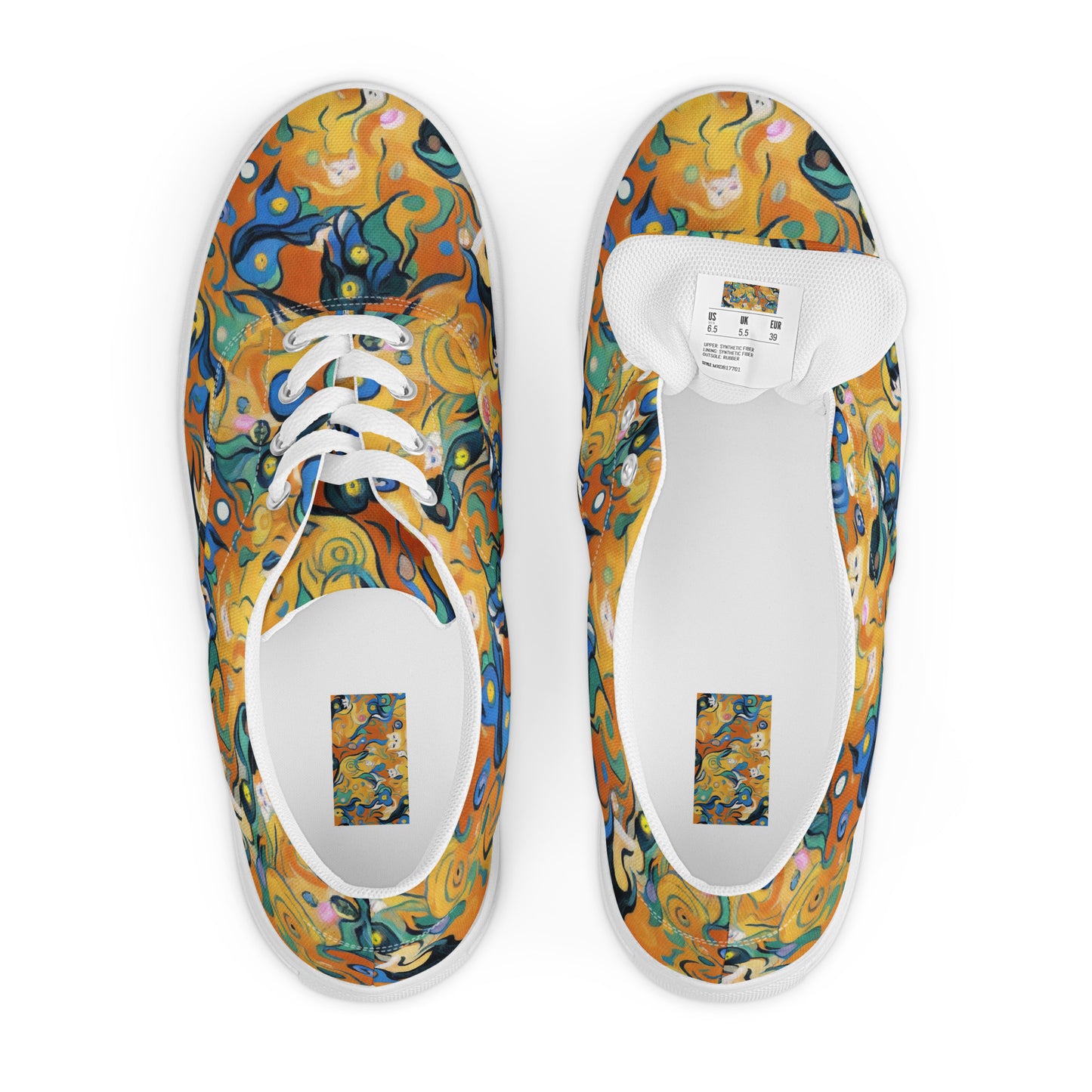 Women's Lace-Up Canvas Shoes - Whimsical Feline Dance