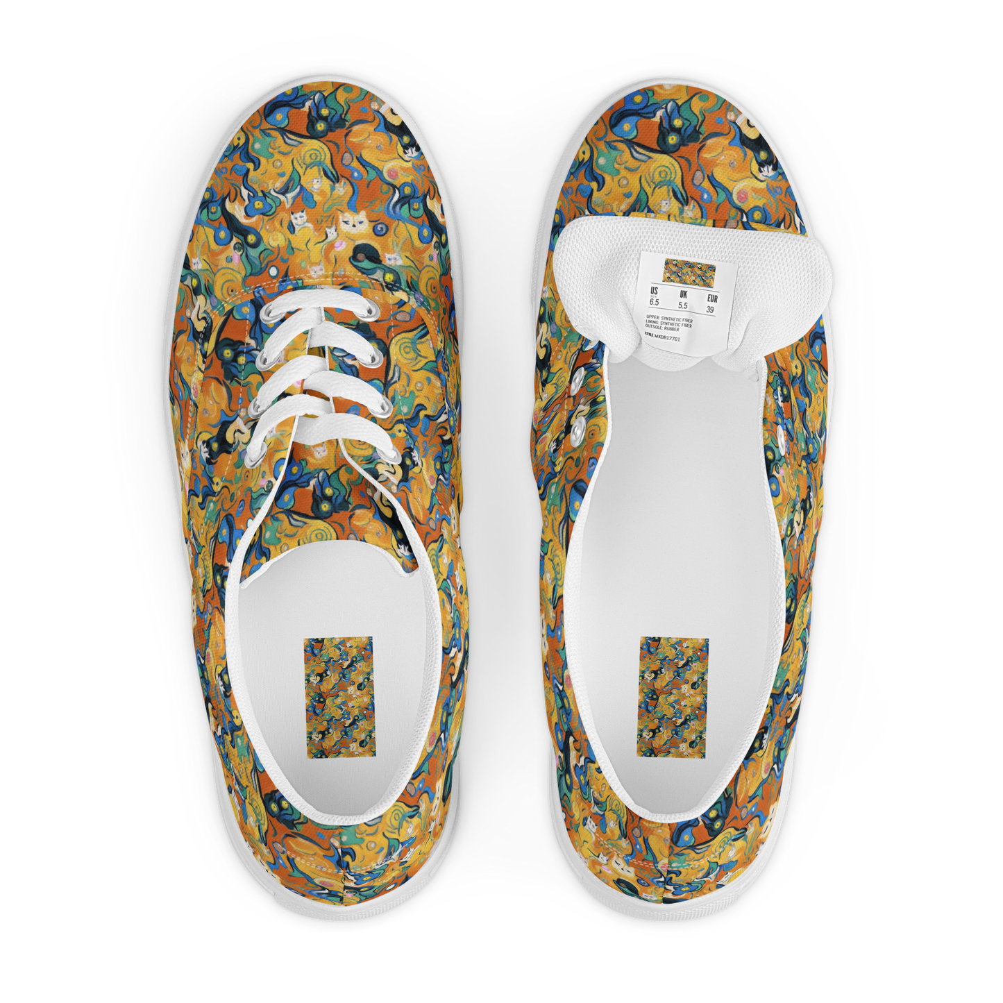 Men's Lace-Up Canvas Shoes - Whimsical Feline Dance