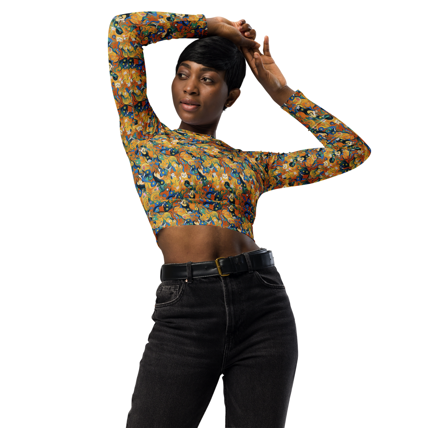 Long Sleeve Crop Top - Whimsical Feline Dance