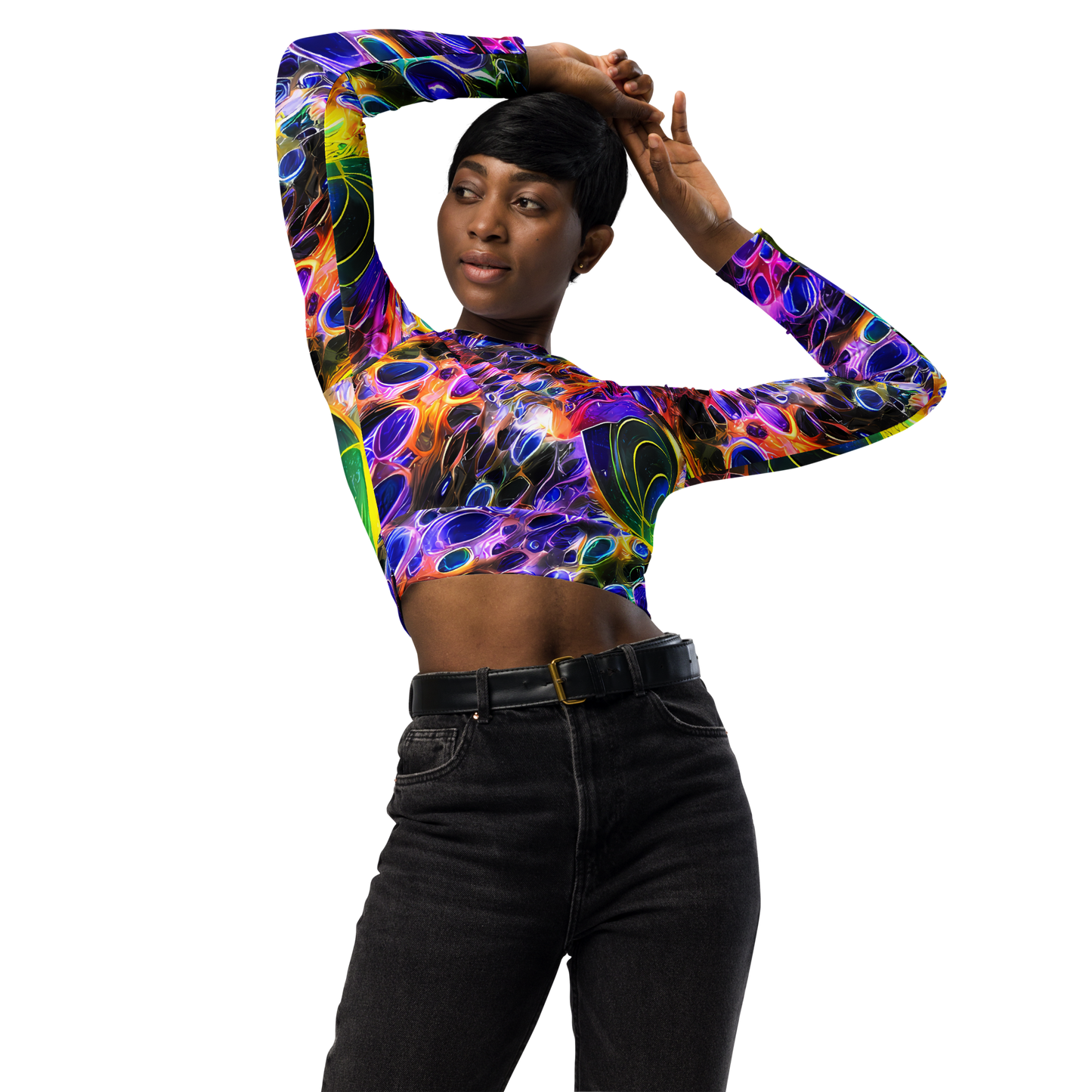 Long Sleeve Crop Top - Neon Orbits