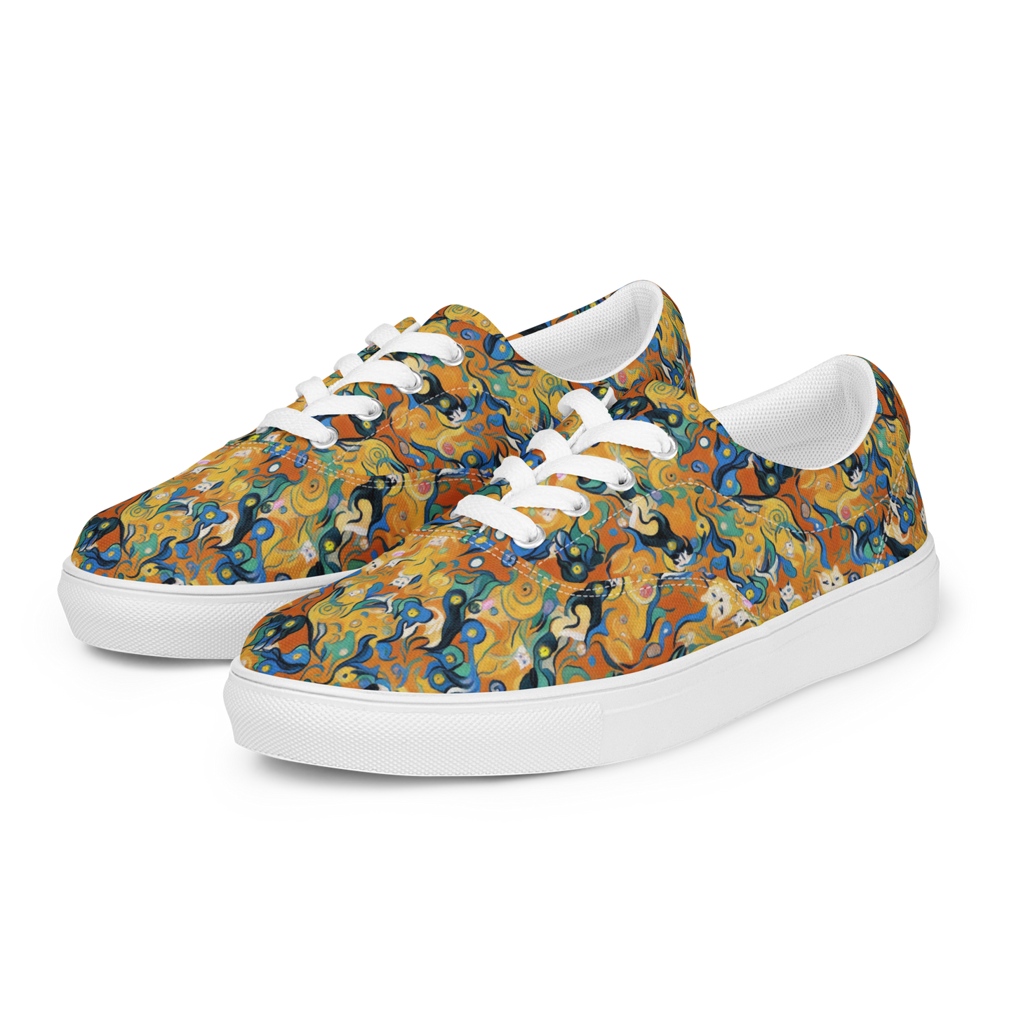 Men's Lace-Up Canvas Shoes - Whimsical Feline Dance