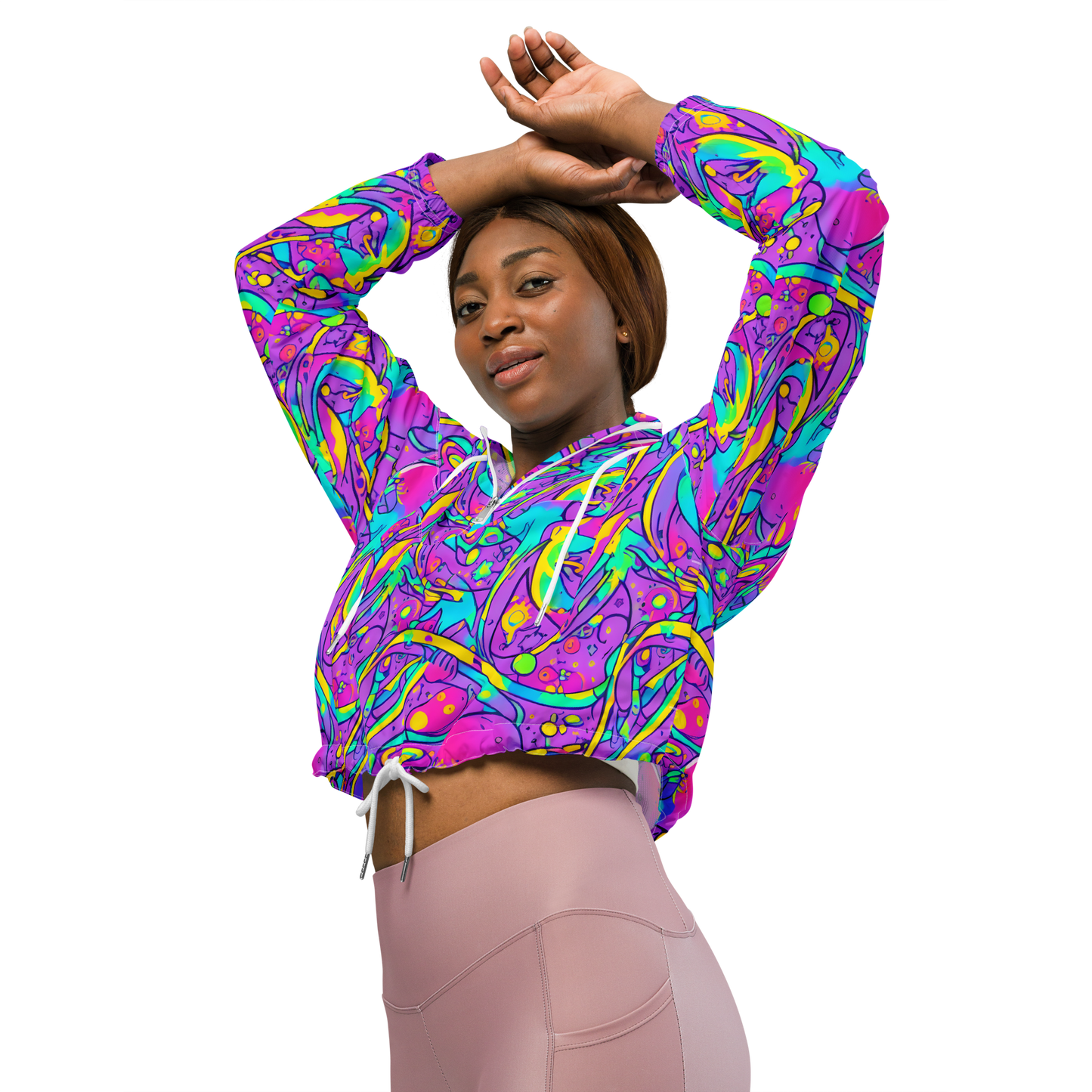 Women's Cropped Windbreaker - Neon Galaxy Whirl