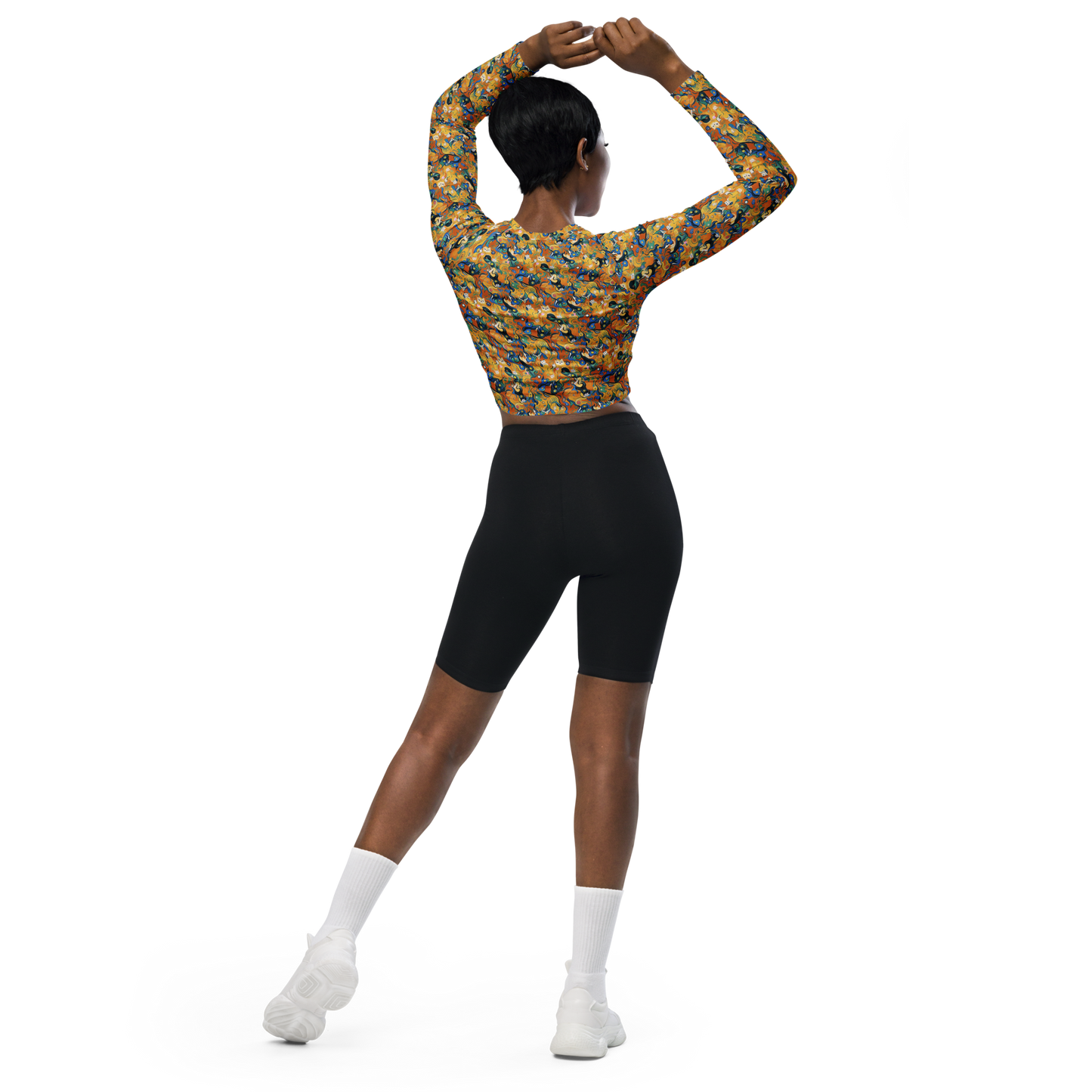 Long Sleeve Crop Top - Whimsical Feline Dance