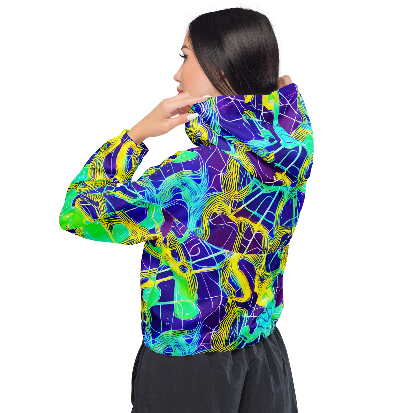 Women's Cropped Windbreaker - Neon Jungle Rhapsody