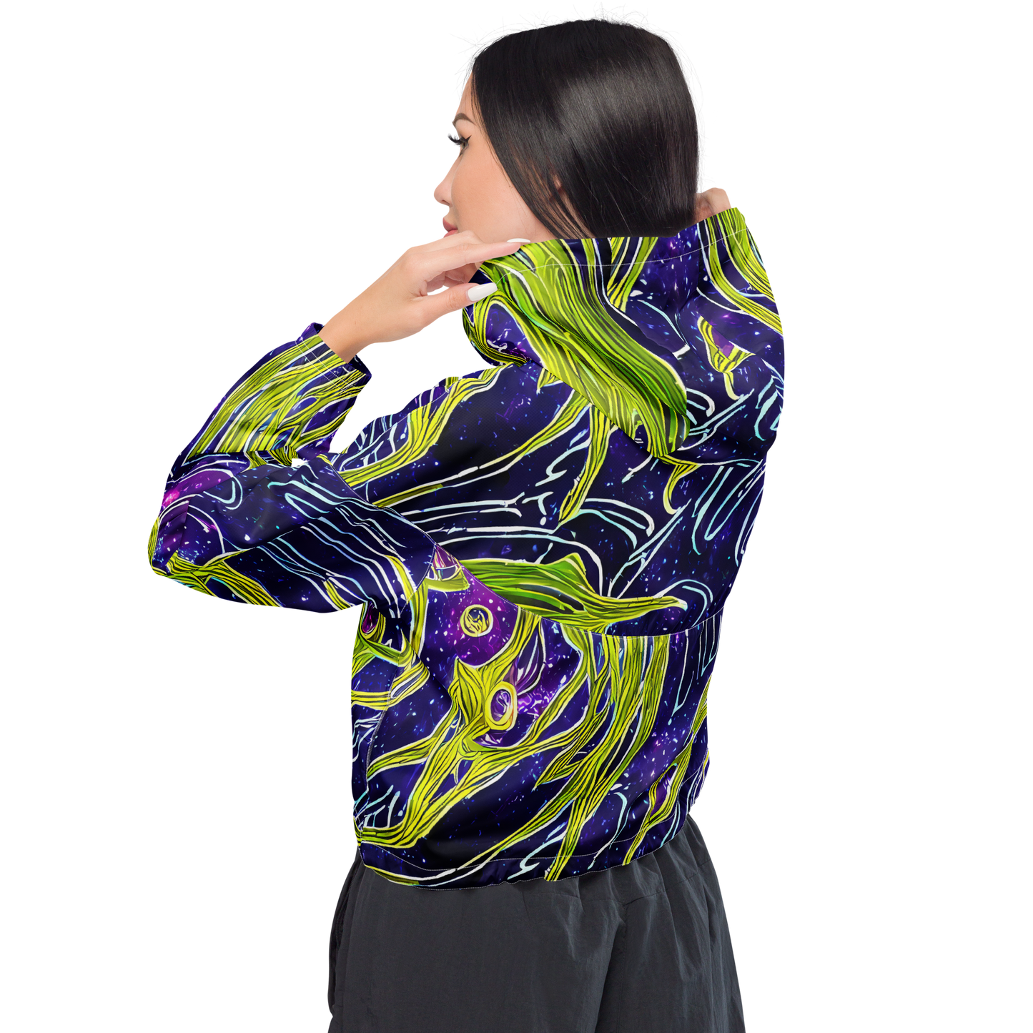 Women's Cropped Windbreaker - Celestial Scribbles