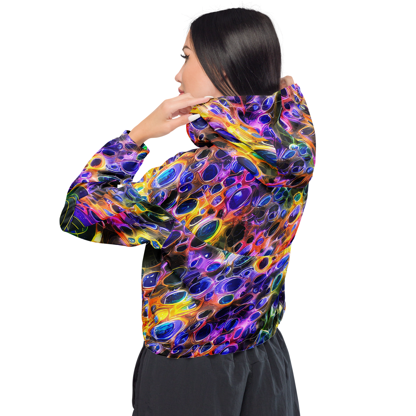 Women's Cropped Windbreaker - Neon Orbits