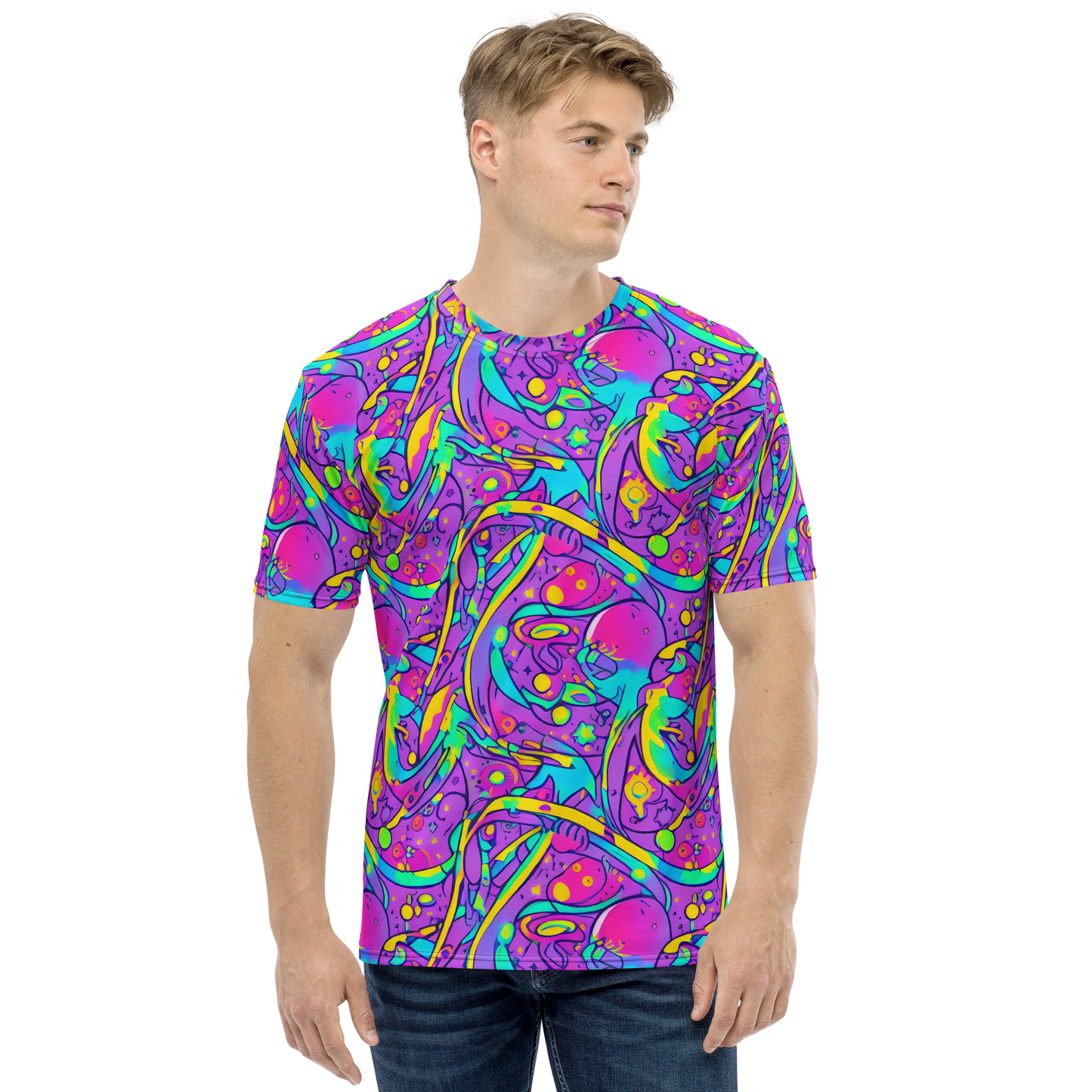 Men's Crew Neck T-Shirt - Neon Galaxy Whirl