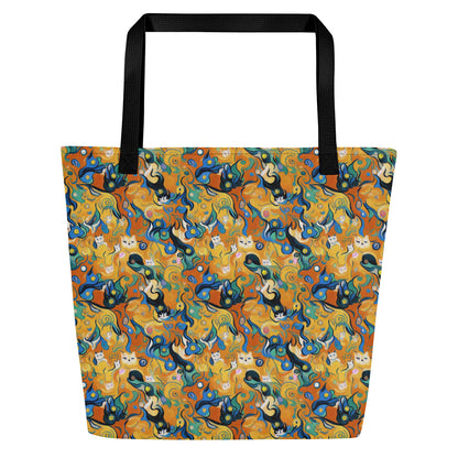 Large Tote Bag w/ Pocket - Whimsical Feline Dance