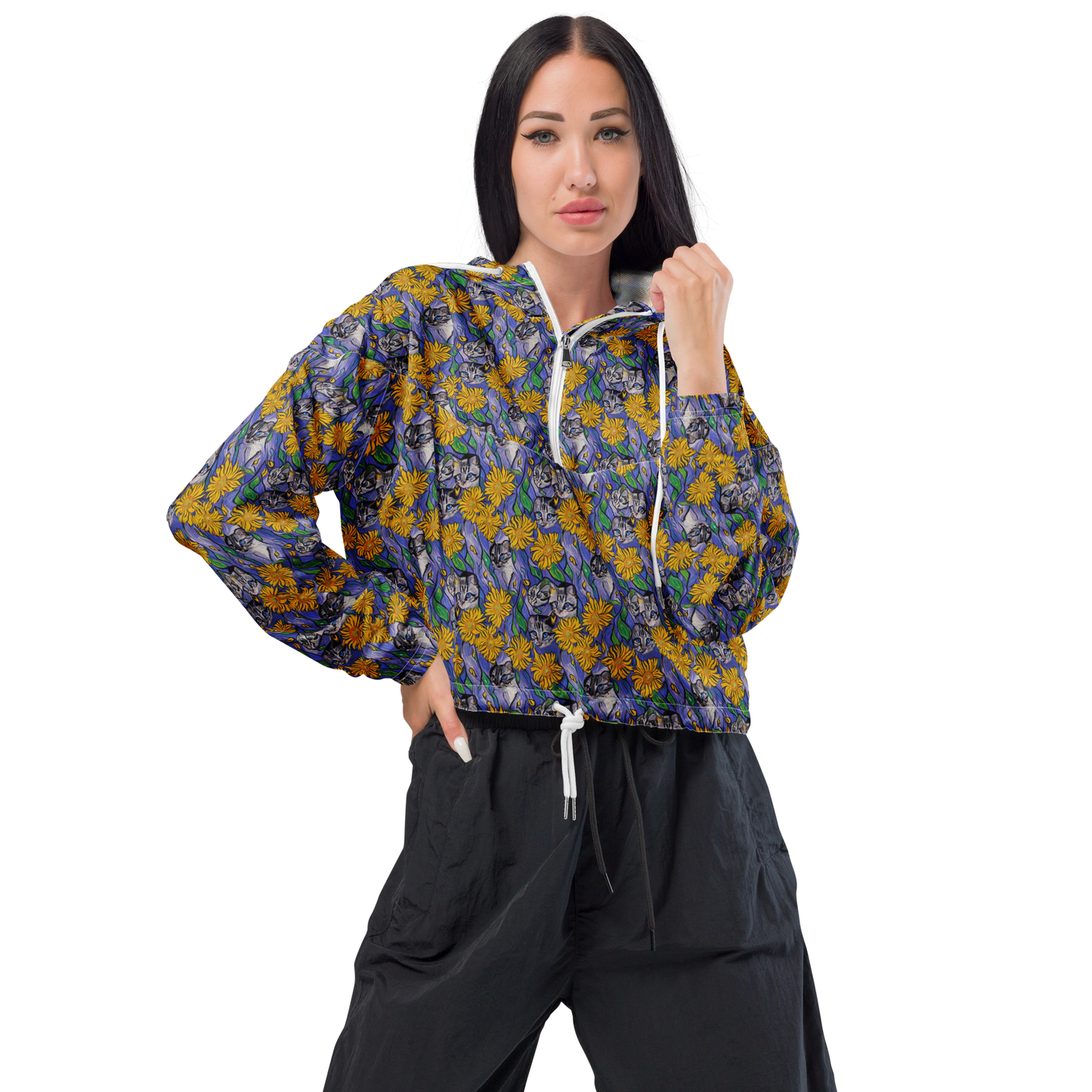 Women's Cropped Windbreaker - Feline Flora