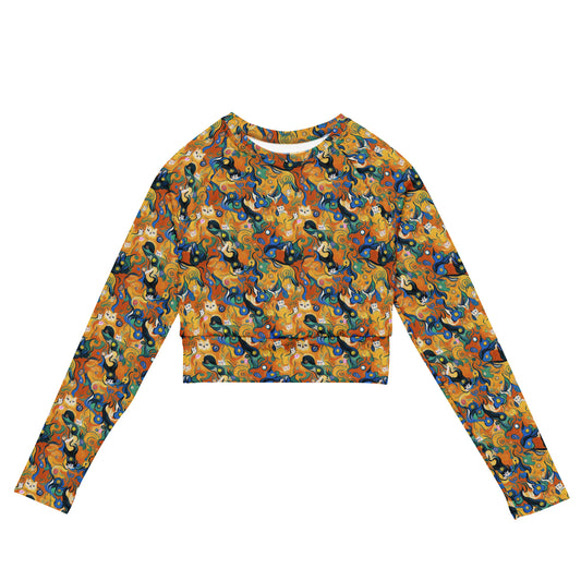 Long Sleeve Crop Top - Whimsical Feline Dance