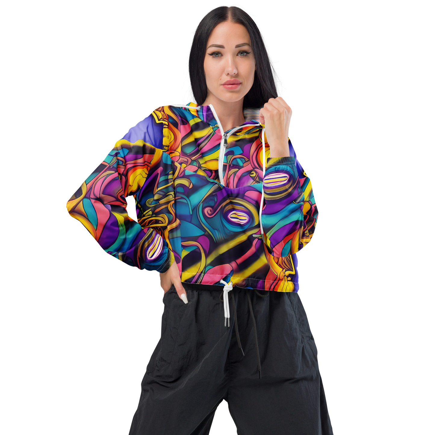 Women's Cropped Windbreaker - Pre-Raphaelite Wave