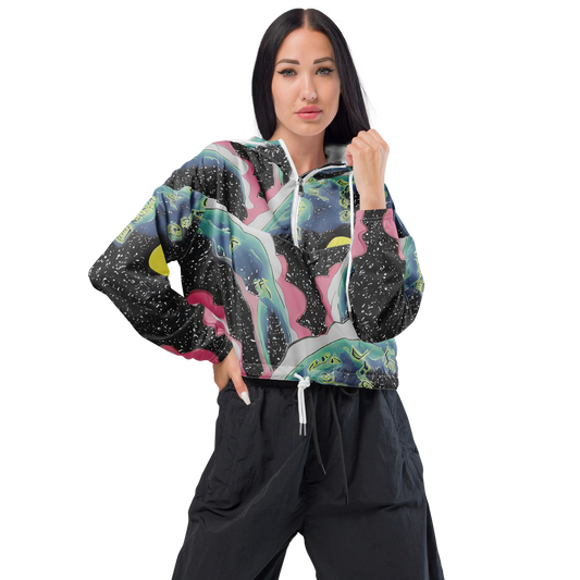 Women's Cropped Windbreaker - Lunar Waves