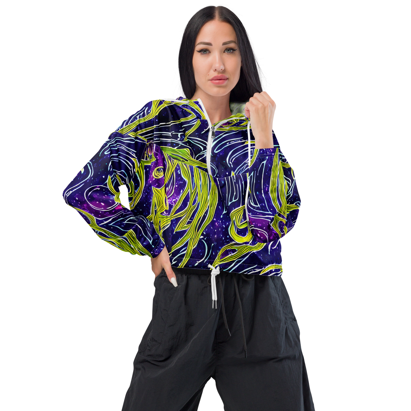 Women's Cropped Windbreaker - Celestial Scribbles