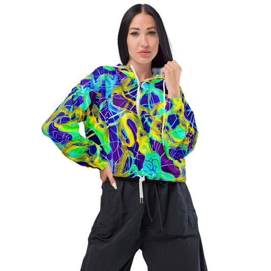 Women's Cropped Windbreaker - Neon Jungle Rhapsody