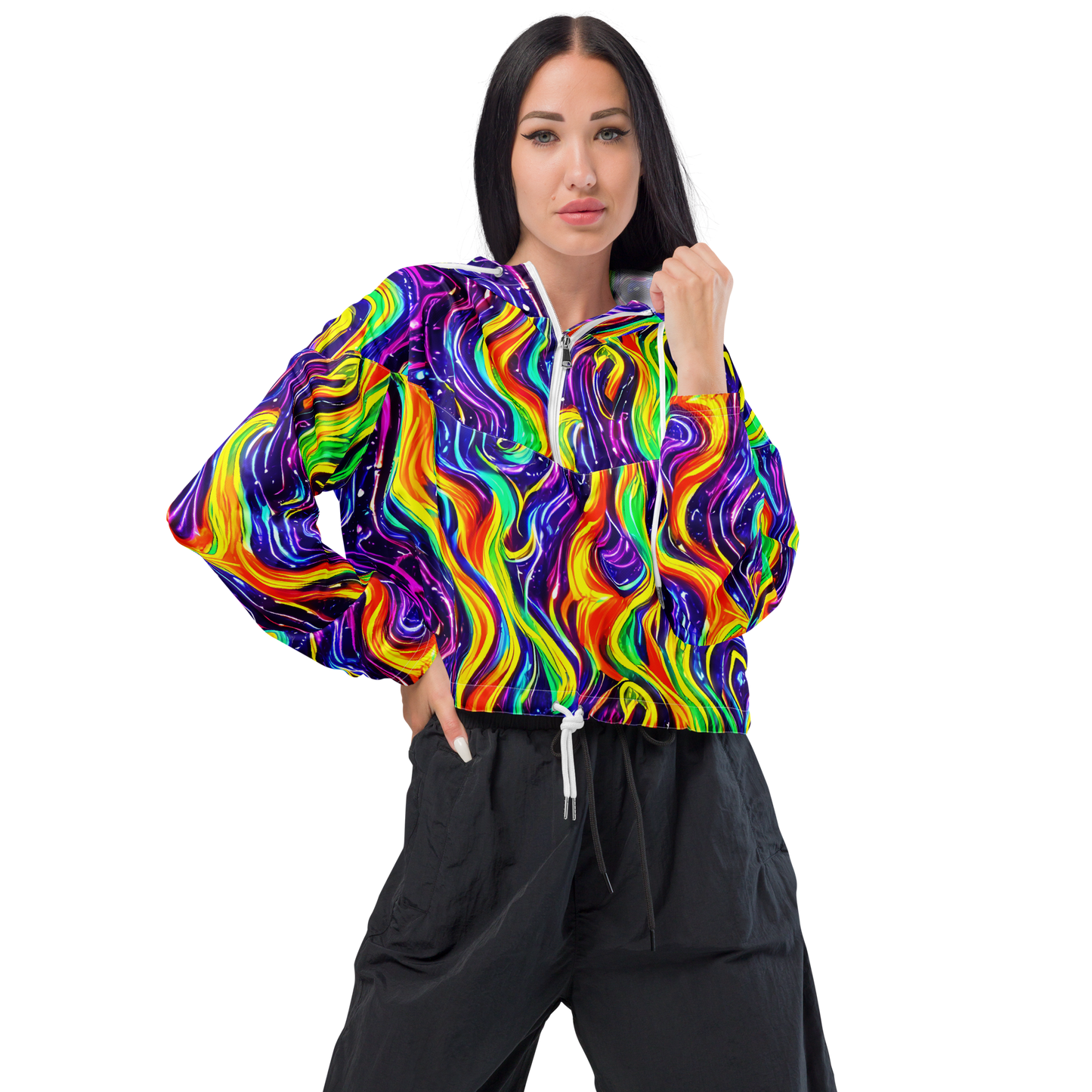 Women's Cropped Windbreaker - Galactic Flames