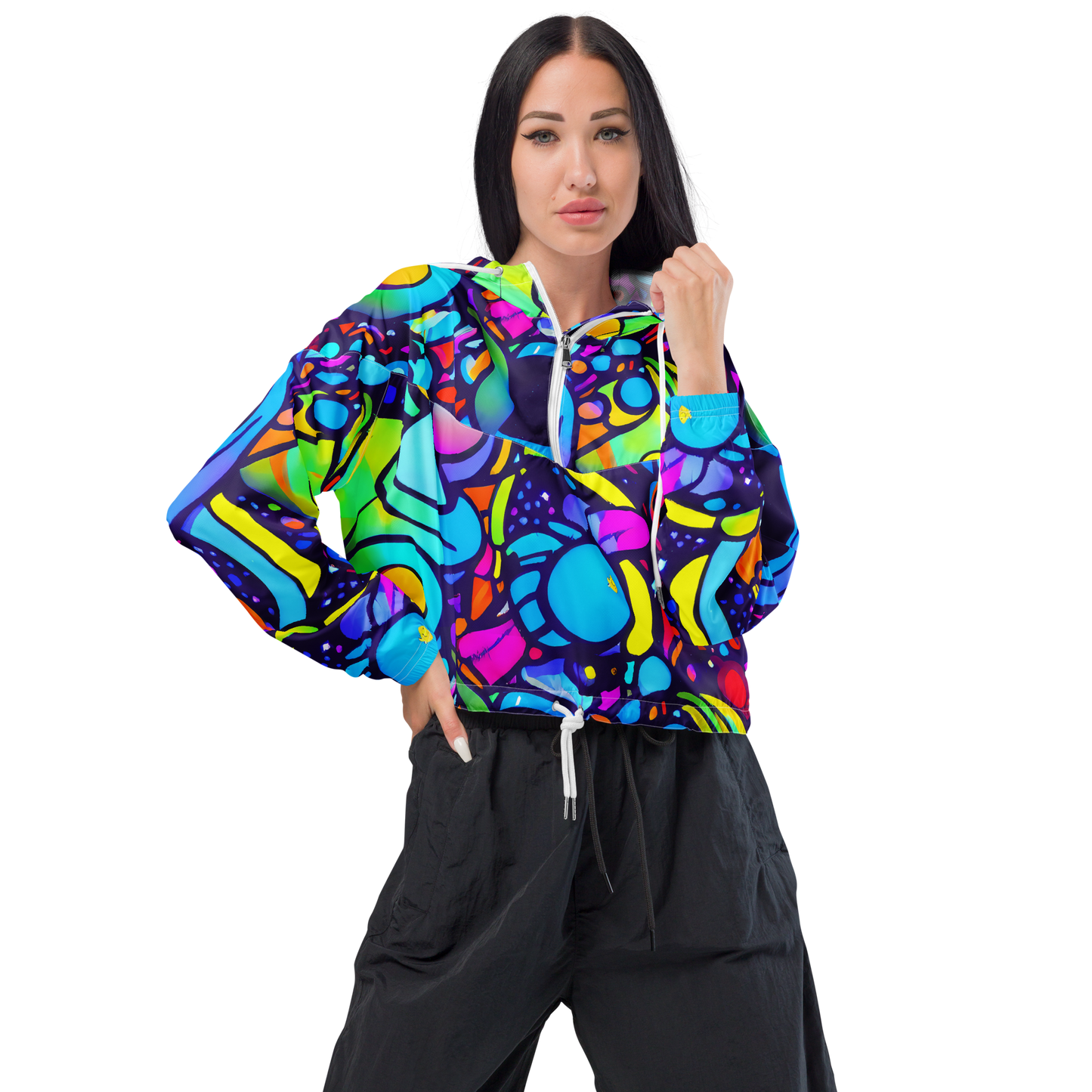 Women's Cropped Windbreaker - Neon Graffscape