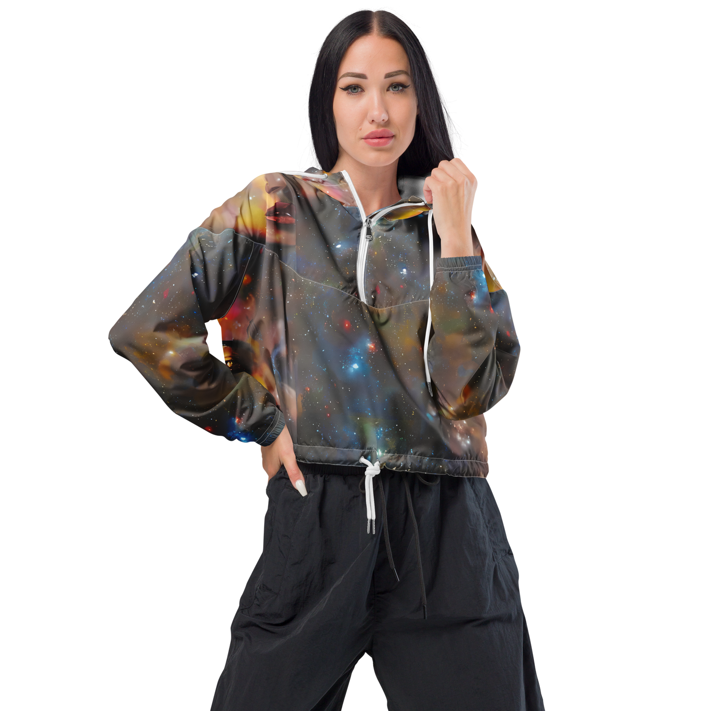 Women's Cropped Windbreaker - Gilded Galaxies