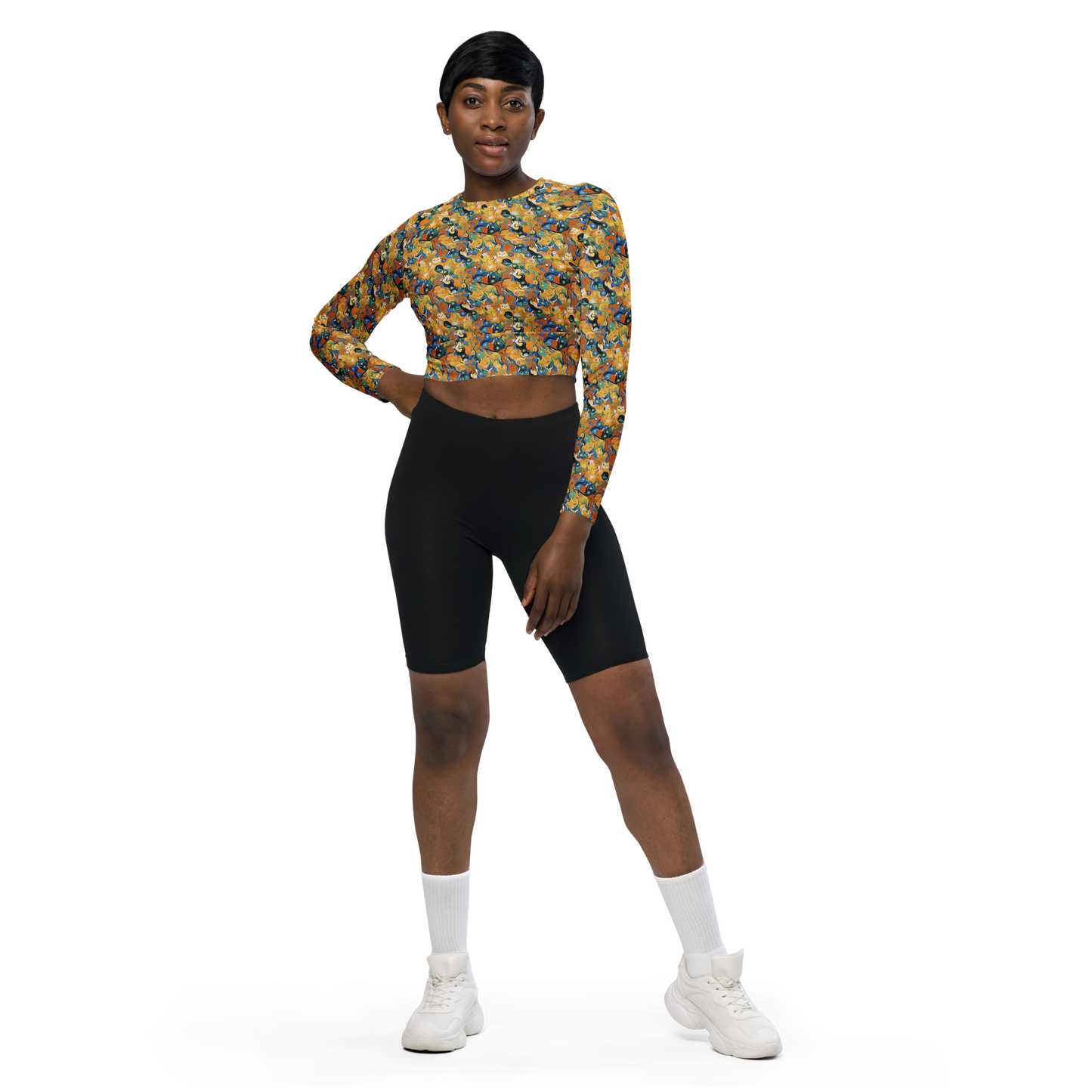 Long Sleeve Crop Top - Whimsical Feline Dance