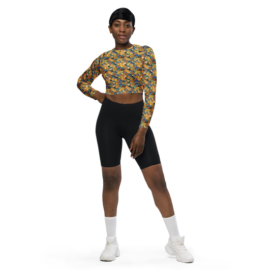 Long Sleeve Crop Top - Whimsical Feline Dance