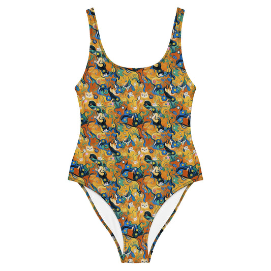 One-Piece Swimsuit - Whimsical Feline Dance