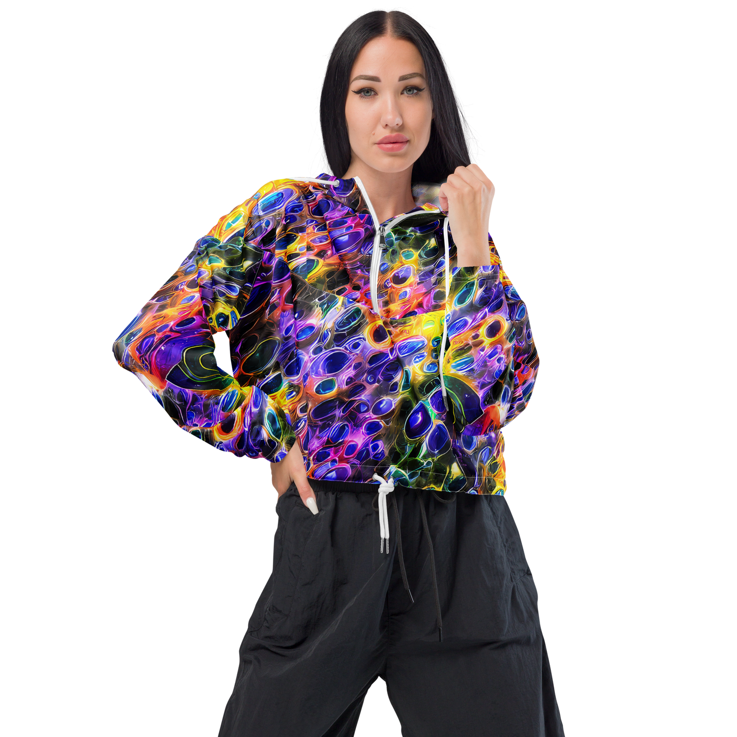 Women's Cropped Windbreaker - Neon Orbits
