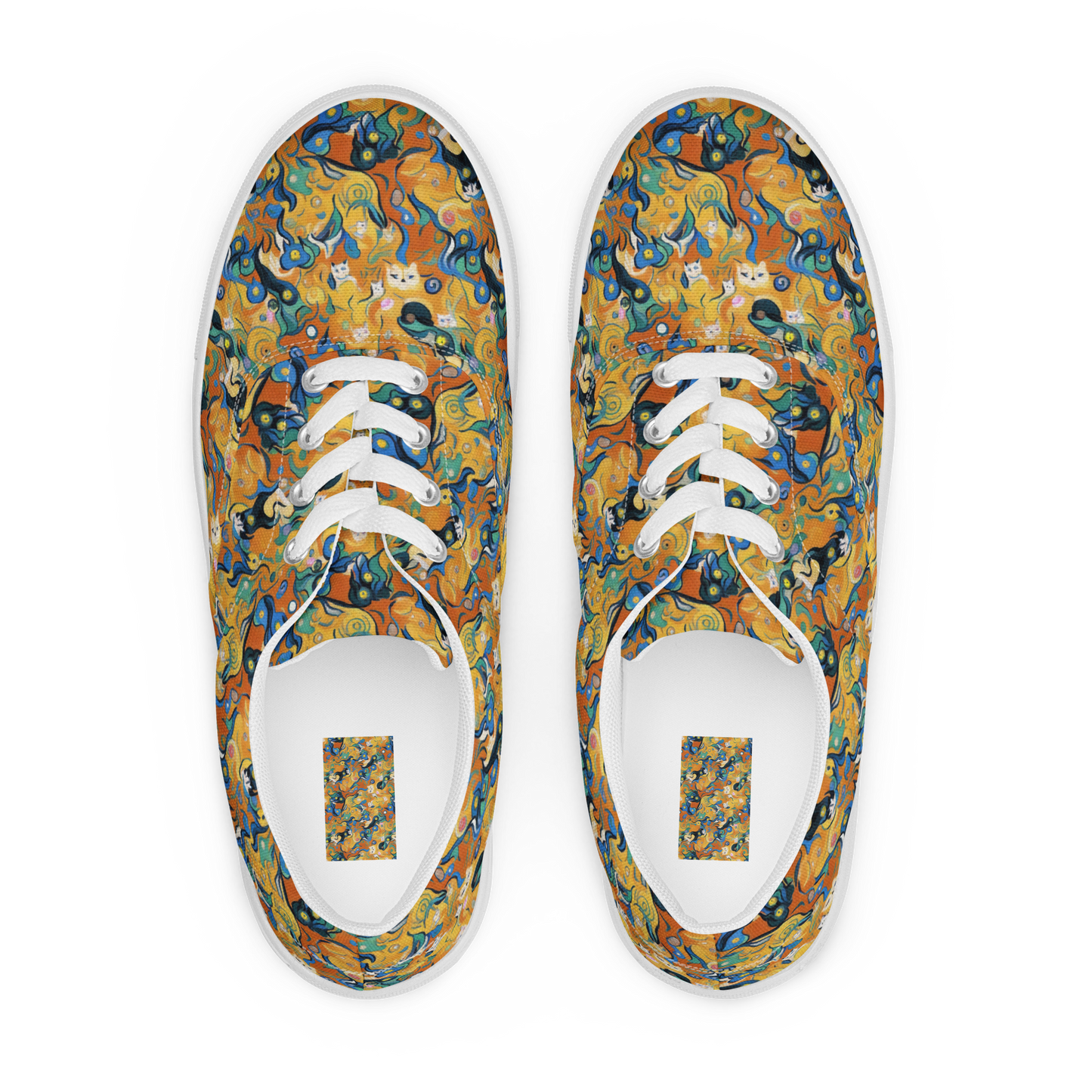 Women's Lace-Up Canvas Shoes - Whimsical Feline Dance