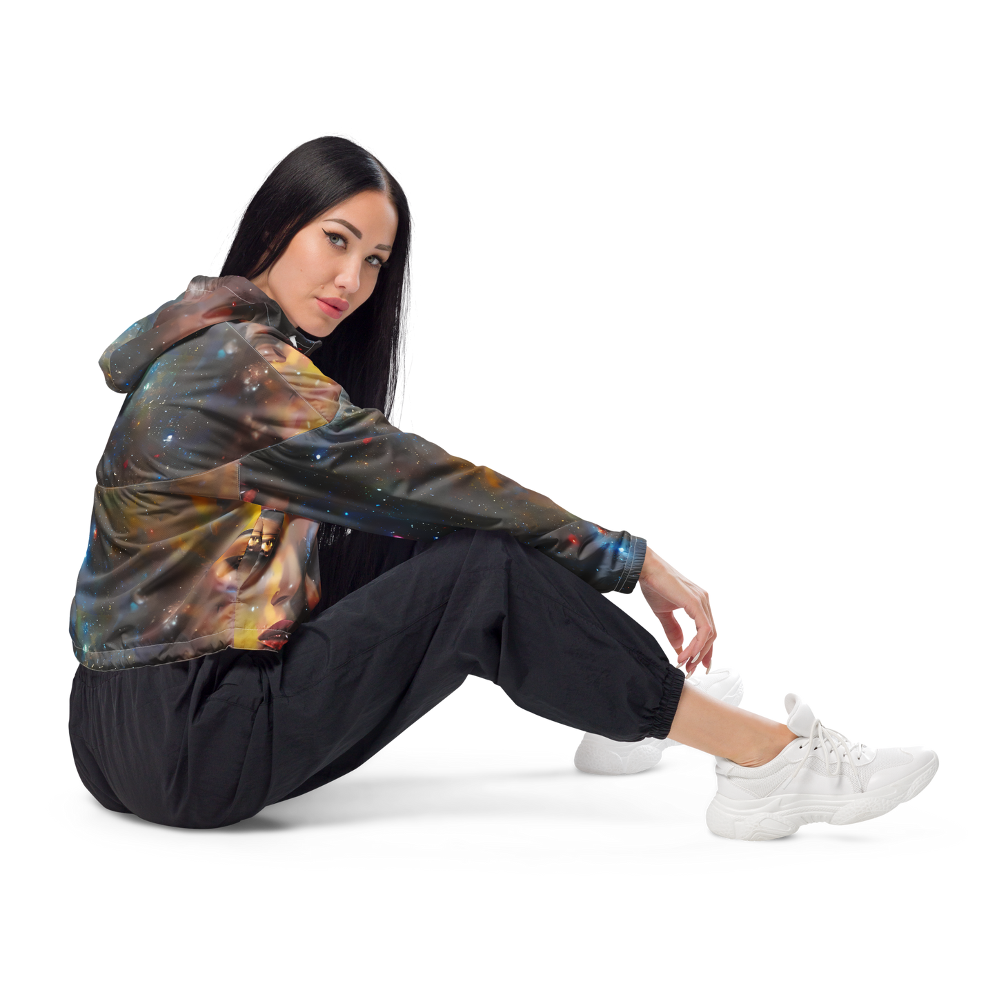 Women's Cropped Windbreaker - Gilded Galaxies