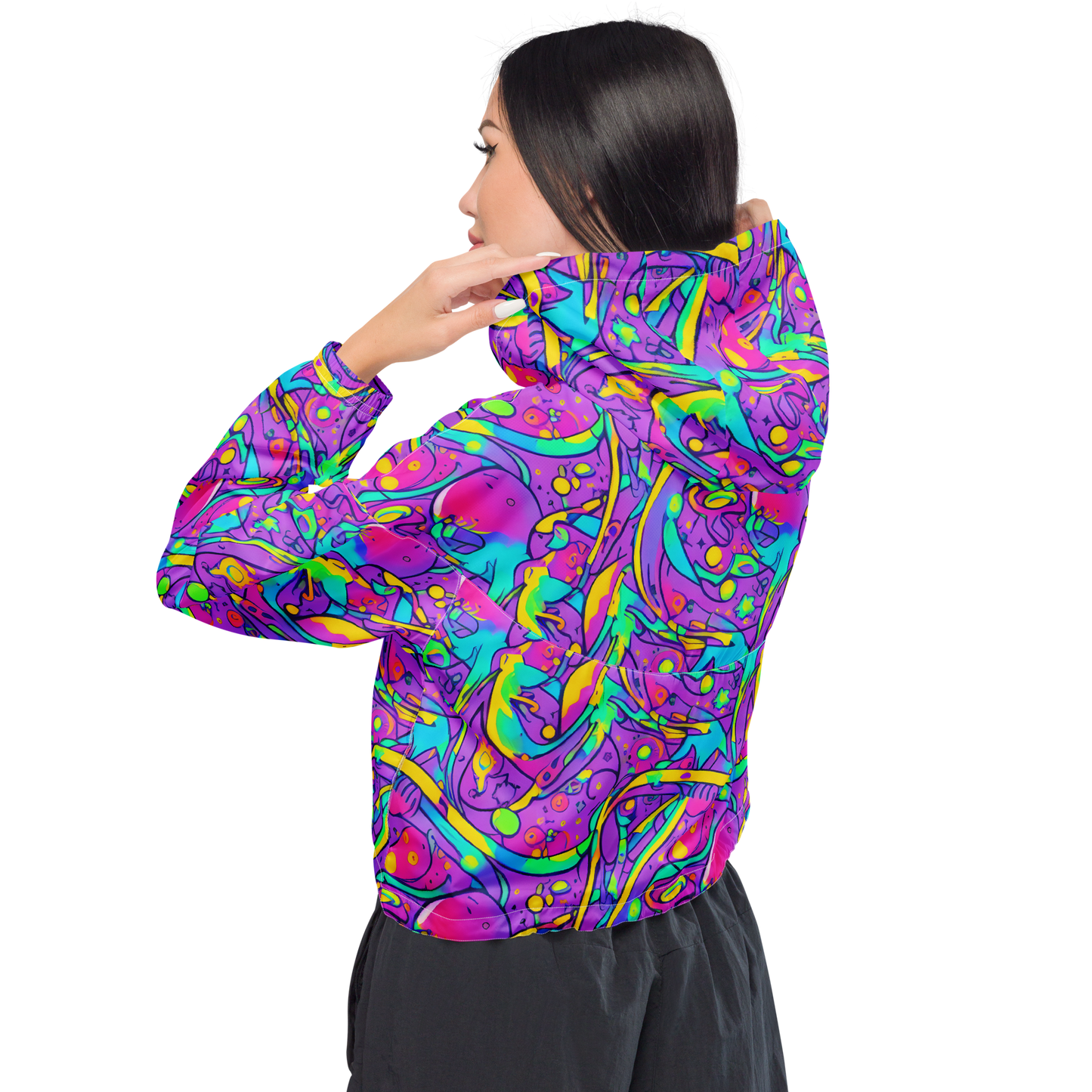 Women's Cropped Windbreaker - Neon Galaxy Whirl