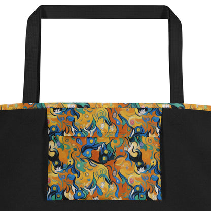 Large Tote Bag w/ Pocket - Whimsical Feline Dance