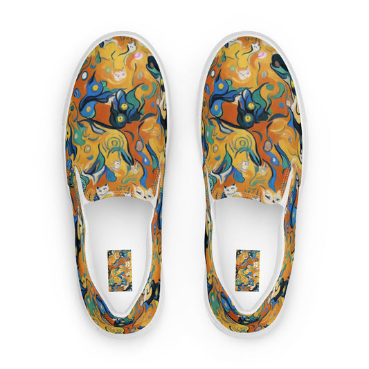 Men's Slip-On Canvas Shoes - Whimsical Feline Dance