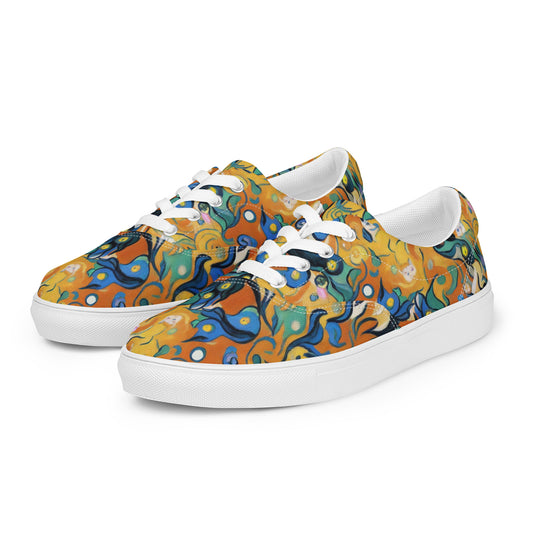 Women's Lace-Up Canvas Shoes - Whimsical Feline Dance